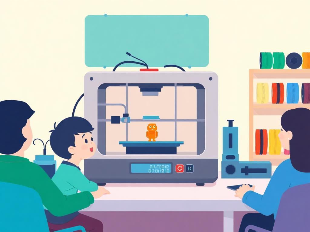 Een 3D-printer print een kleurrijk ontwerp in een schoolmaakplek
