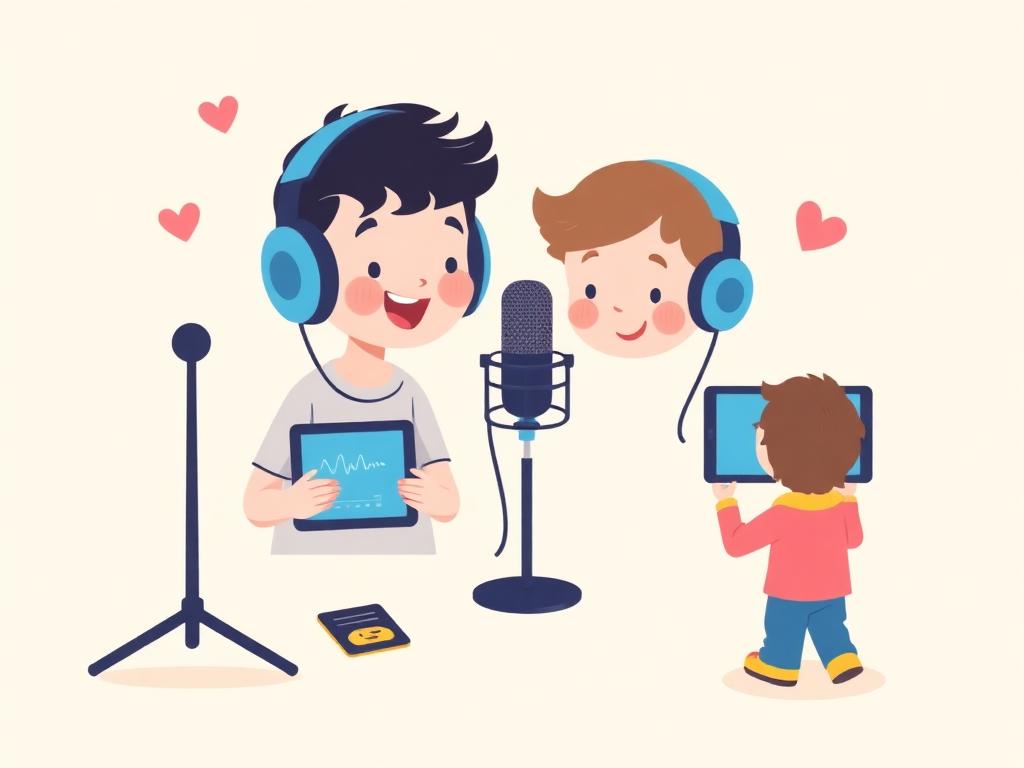 Kinderen nemen een podcast op met microfoons en tablets op school